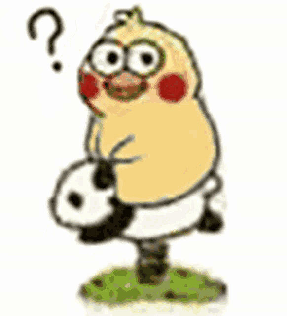 a cartoon chicken is holding a panda and a question mark .