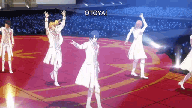 a group of anime characters are dancing on a stage with otoya written in the corner