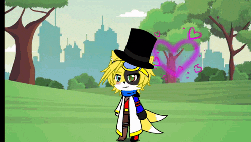 a cartoon fox wearing a top hat and a scarf