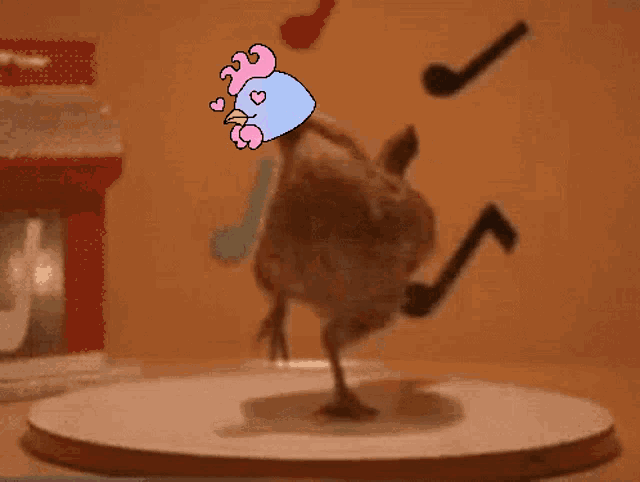 a cartoon chicken with hearts on its head is dancing