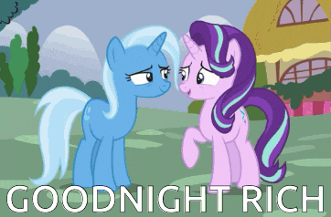a couple of ponies standing next to each other with the words goodnight rich written below them