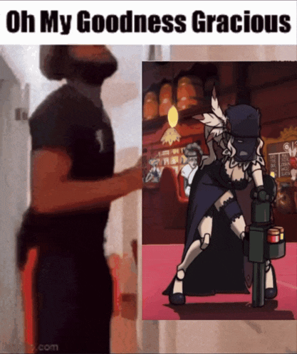 a meme of a man standing next to a picture of a cartoon character with the caption oh my goodness gracious