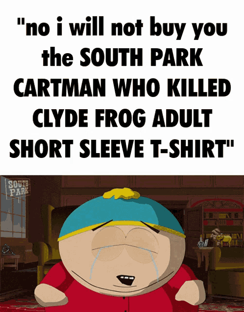 cartman from south park is crying in front of a south park sign
