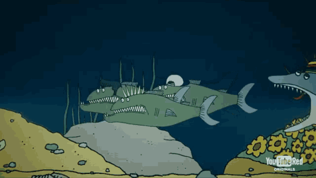 a cartoon of sharks swimming in the ocean with the words youtube red on the bottom