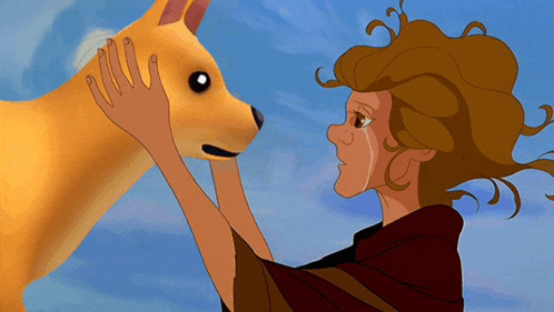 a cartoon of a girl petting a yellow dog