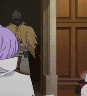 a cartoon character with purple hair is standing in front of a door .