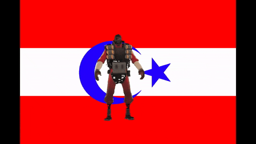 a man in a red uniform stands in front of a flag with a blue crescent moon and a blue star
