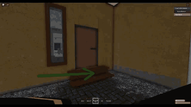 a screenshot of a video game shows an open door with a green arrow pointing to it