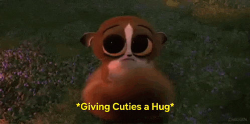 a cartoon animal is giving a hug to another animal .