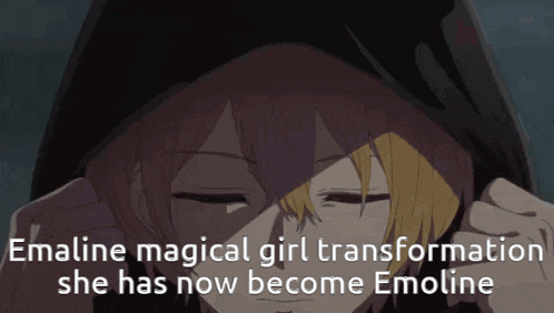 a cartoon of a girl with the words " emaline magical girl transformation she has now become emoline " on the bottom