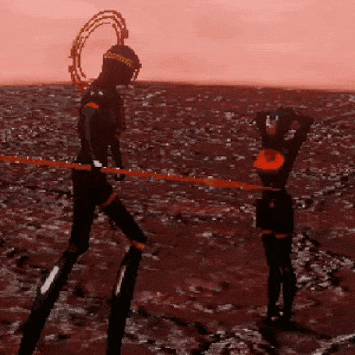 a man with a rope around his head stands next to another man