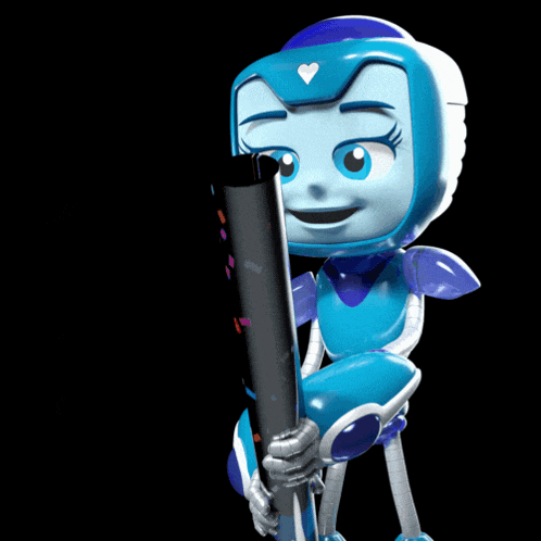a blue robot with a heart on its head is holding a cannon with confetti coming out of it