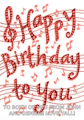 a happy birthday card with green music notes and a treble clef .