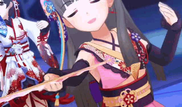 a girl in a pink dress is holding a sword in her hands .