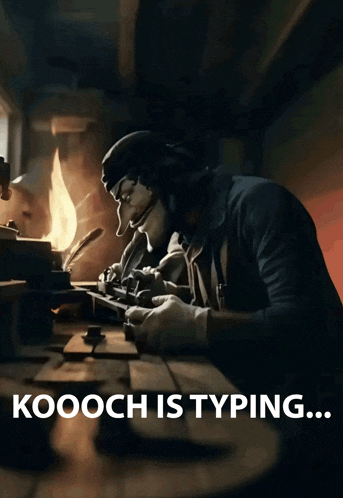 a man typing on a typewriter with the words kooch is typing