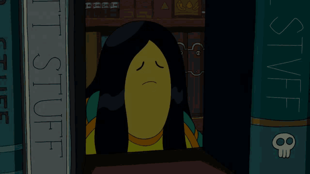 a cartoon character behind a book titled stuff