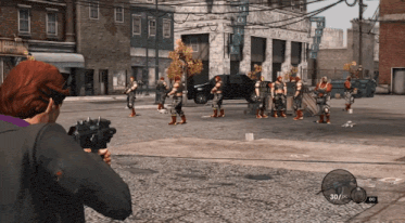 a man is holding a gun in front of a group of people in a video game with the number 30 on the screen