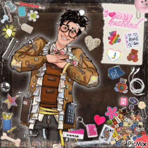 a drawing of a man with a heart on his chest and the words " my husband " in pink
