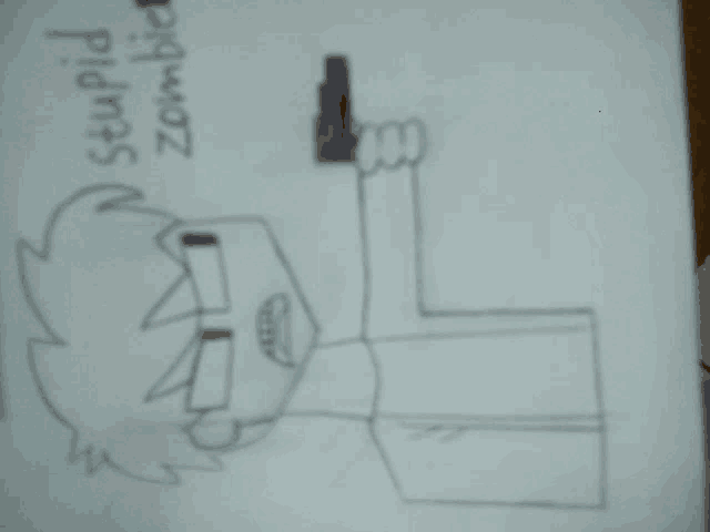 a drawing of a man holding a gun with the words stupid zombie written below it