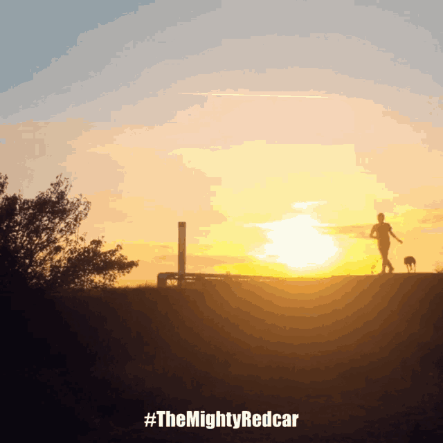 a picture of a person running with a dog at sunset