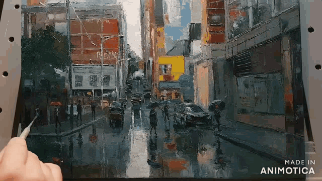 a painting of a city street in the rain made in animatica