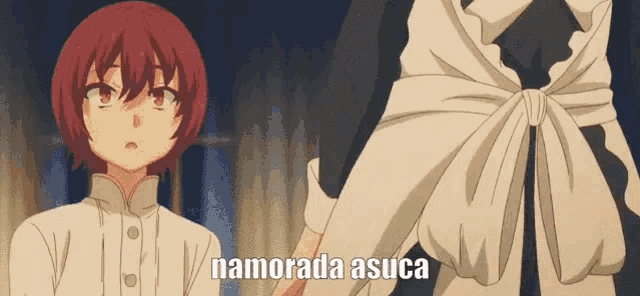 a girl with red hair is holding a woman 's hand and the words namorada asuca are on the bottom