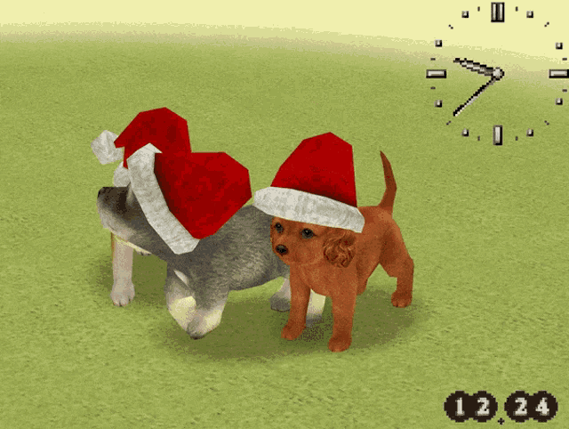 two puppies wearing santa hats are standing next to each other with a clock in the background