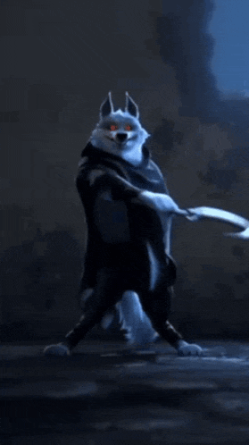 a cartoon character with a wolf 's head and tail is standing in a dark room .
