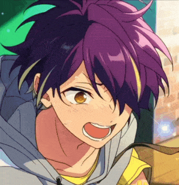 a close up of a cartoon character with purple hair and yellow streaks