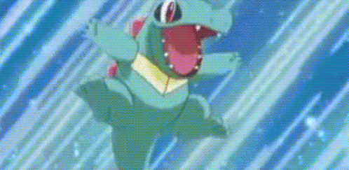 a close up of a cartoon character 's face with a blue background and a red mouth .