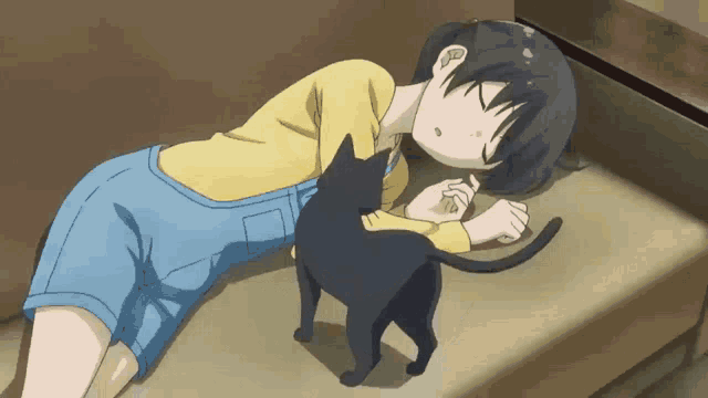 a girl is laying on a couch with a black cat on her lap