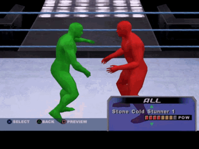 a video game screen shows a green wrestler and a red wrestler standing next to each other