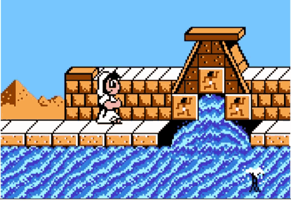 a cartoon of a man sitting on a ledge overlooking a body of water with a pyramid in the background