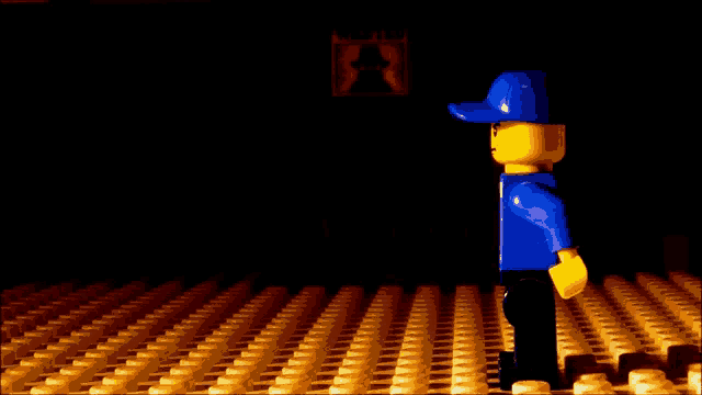 a lego man in a blue hat is standing in front of a wanted poster