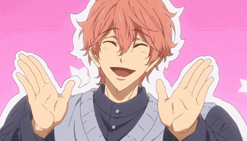 a boy with orange hair is laughing with his hands outstretched