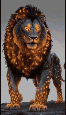 a lion with glowing eyes is standing on a rocky surface