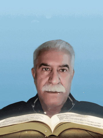 a man with a mustache is reading a book with a blue background
