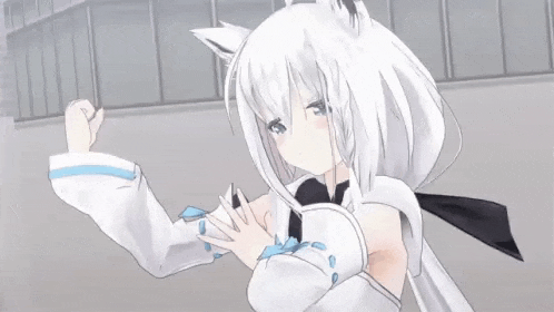 a white anime girl with a cat ear is standing in front of a building and looking at the camera .