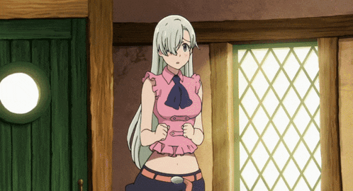 a girl with long white hair is standing in a room with a window