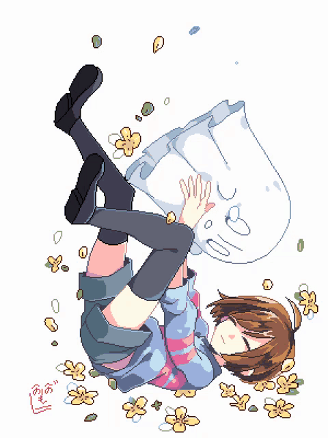 a pixel art drawing of a girl with flowers around her
