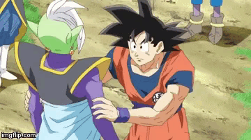 a screenshot of a dragon ball z scene with goku and zamasu standing next to each other