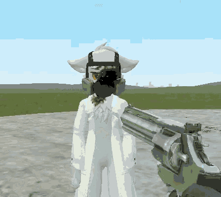 a video game character wearing a gas mask holds a gun