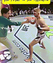 a man in a green shirt is standing next to a man in shorts with ufc written on the ground