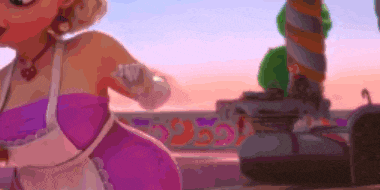 a woman in a pink dress and apron is standing next to a car .