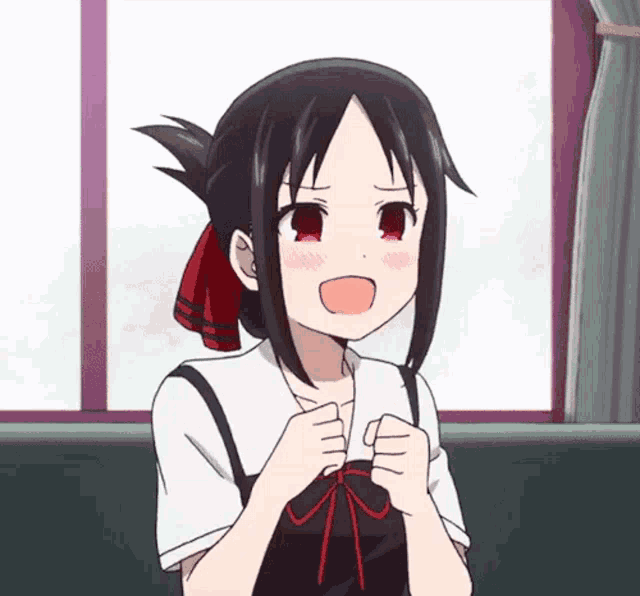 a girl with red eyes is sitting in front of a window with her mouth open
