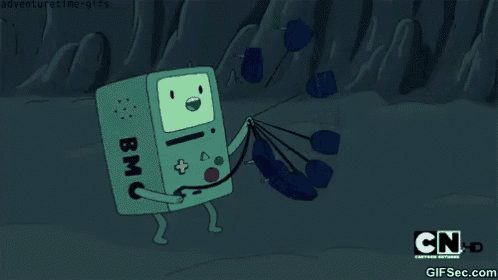 a cartoon character named bmo from adventure time holding a sword