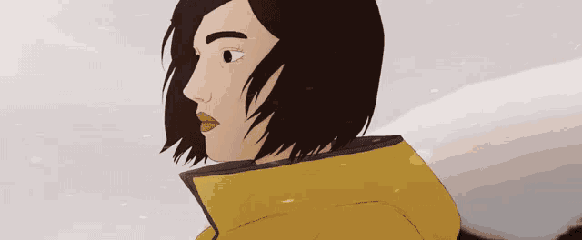 a cartoon drawing of a woman with short hair wearing a yellow jacket