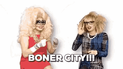 two drag queens are standing next to each other with the words boner city written on the bottom