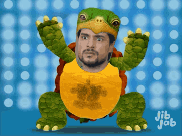 a picture of a man in a turtle costume with jib jab written below it