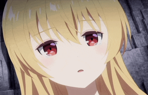a close up of a blonde anime girl with red eyes and a sad look on her face